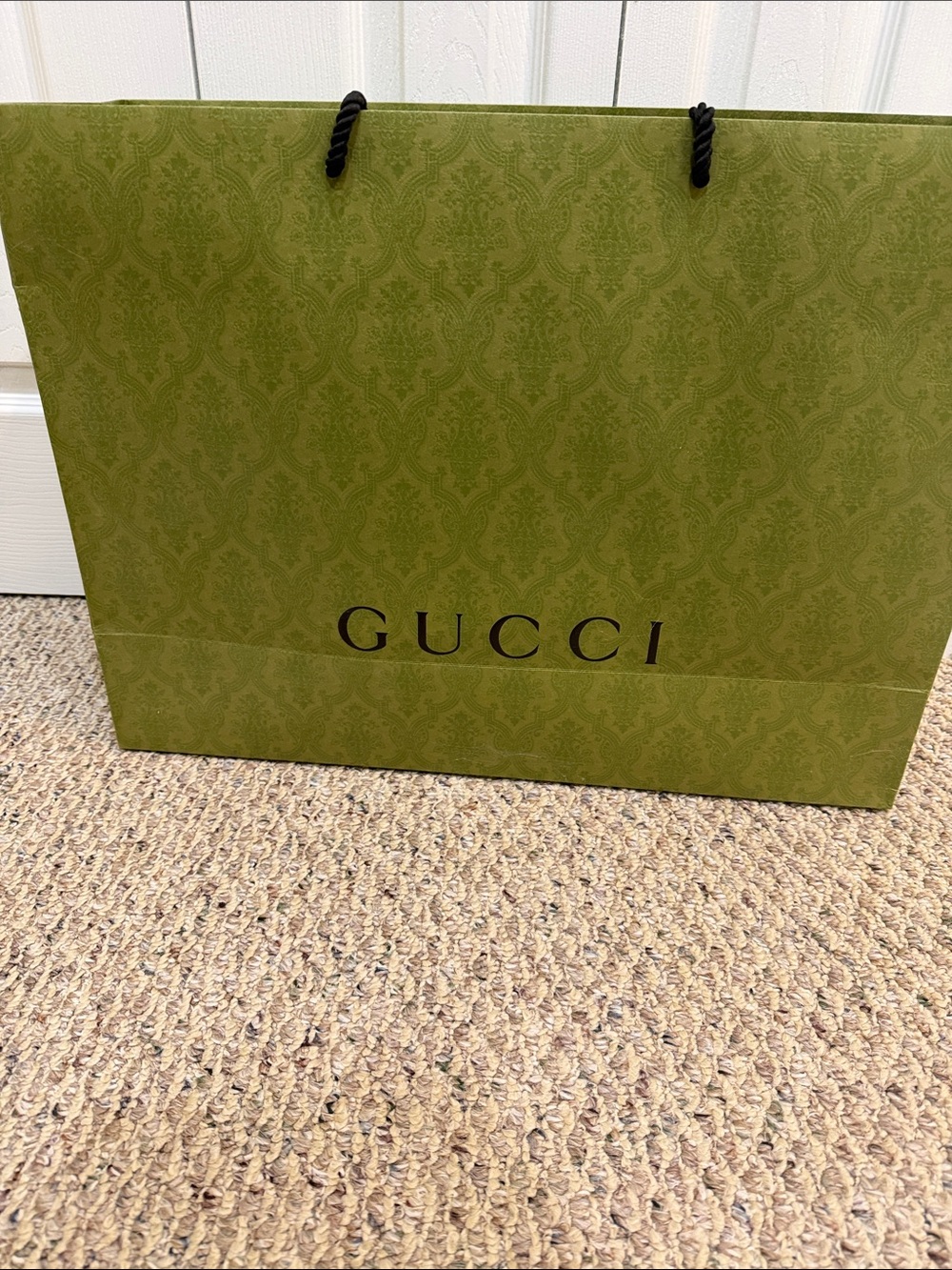 Gucci Olive Green Damask Paper Tote with Black Rope Handles